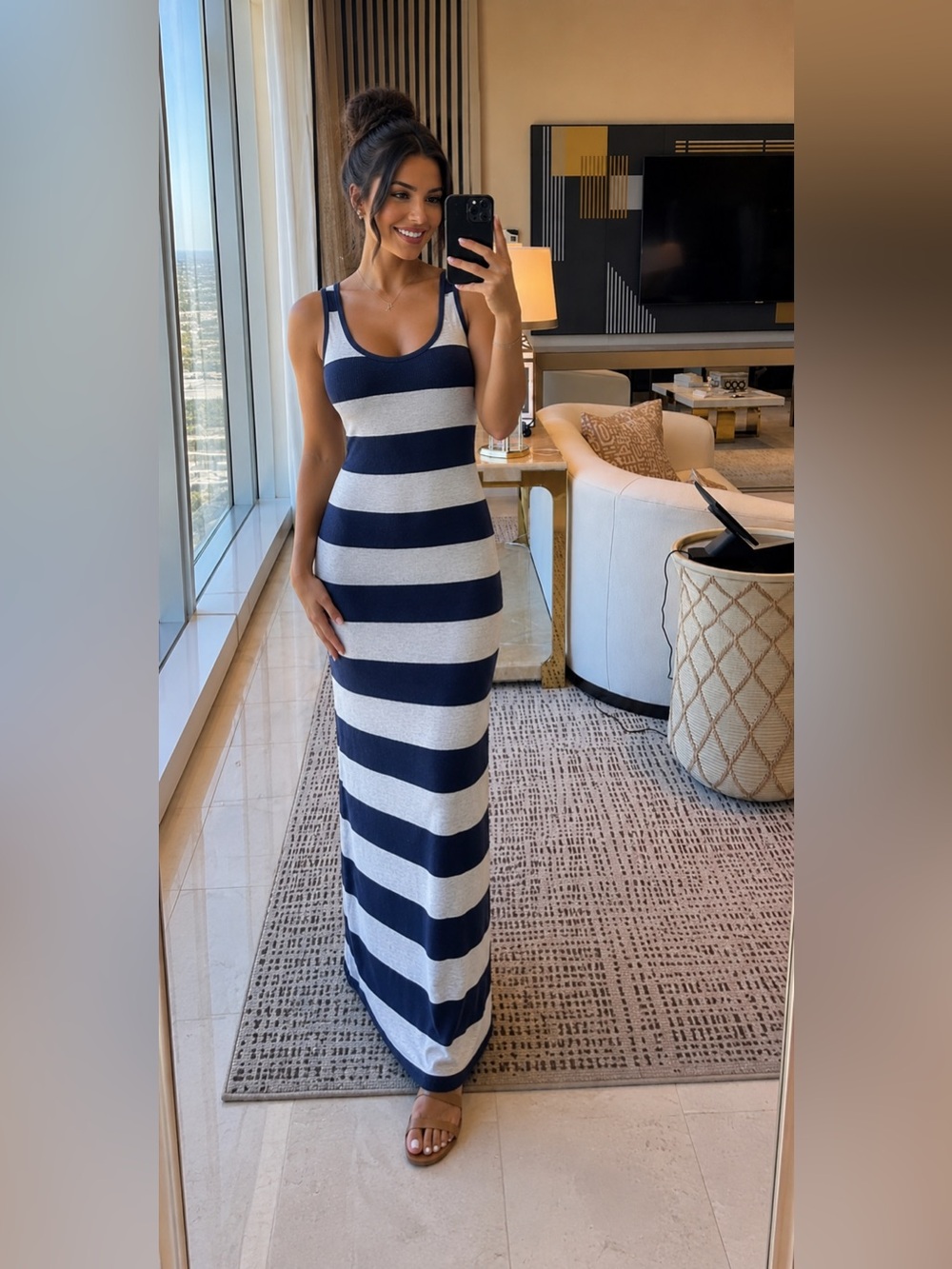 Buckle Ambiance Apparel Blue Gray Striped Maxi Dress | Size Small